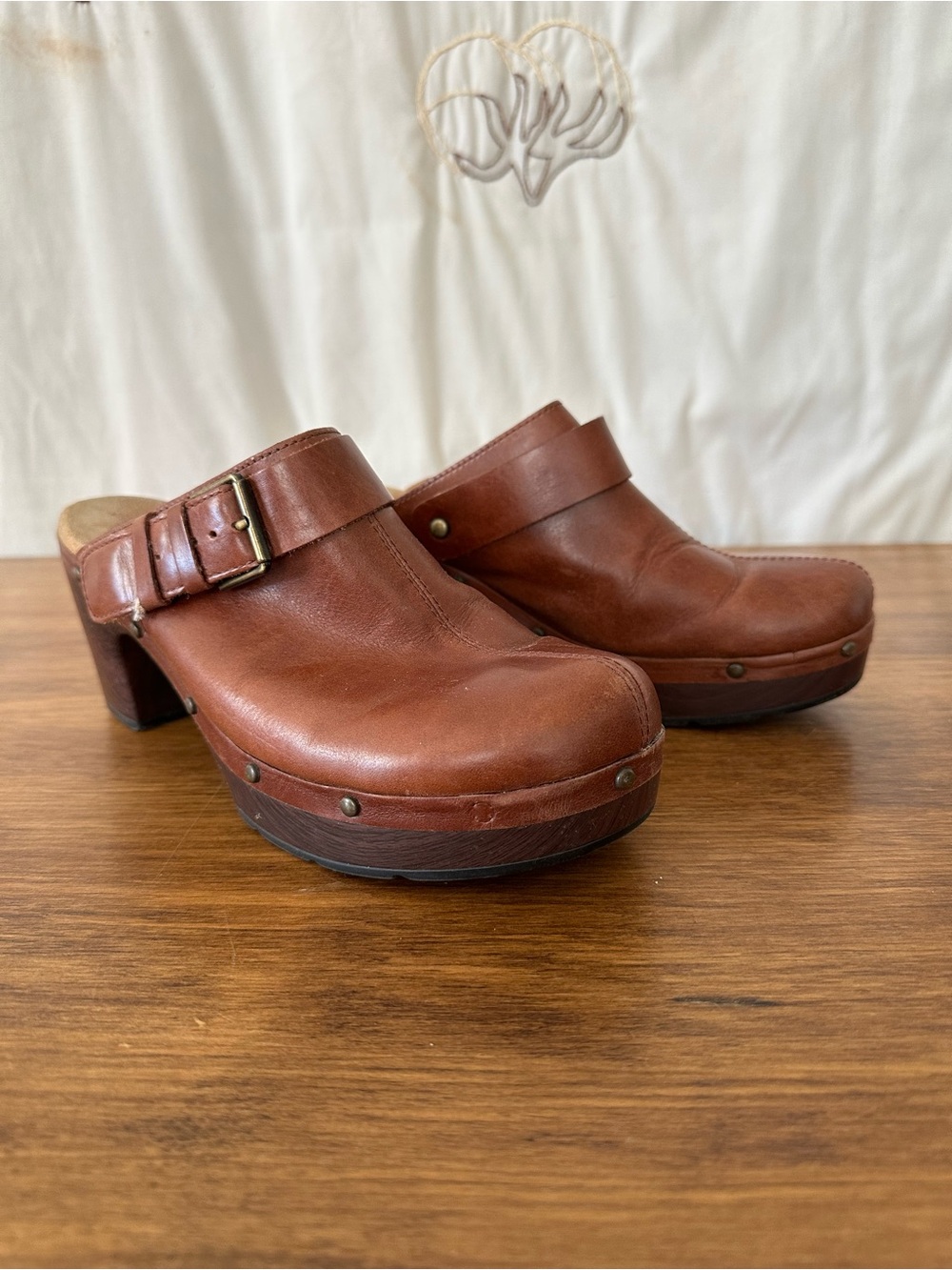Clarks Brown Leather Clog Mules with Buckle Strap